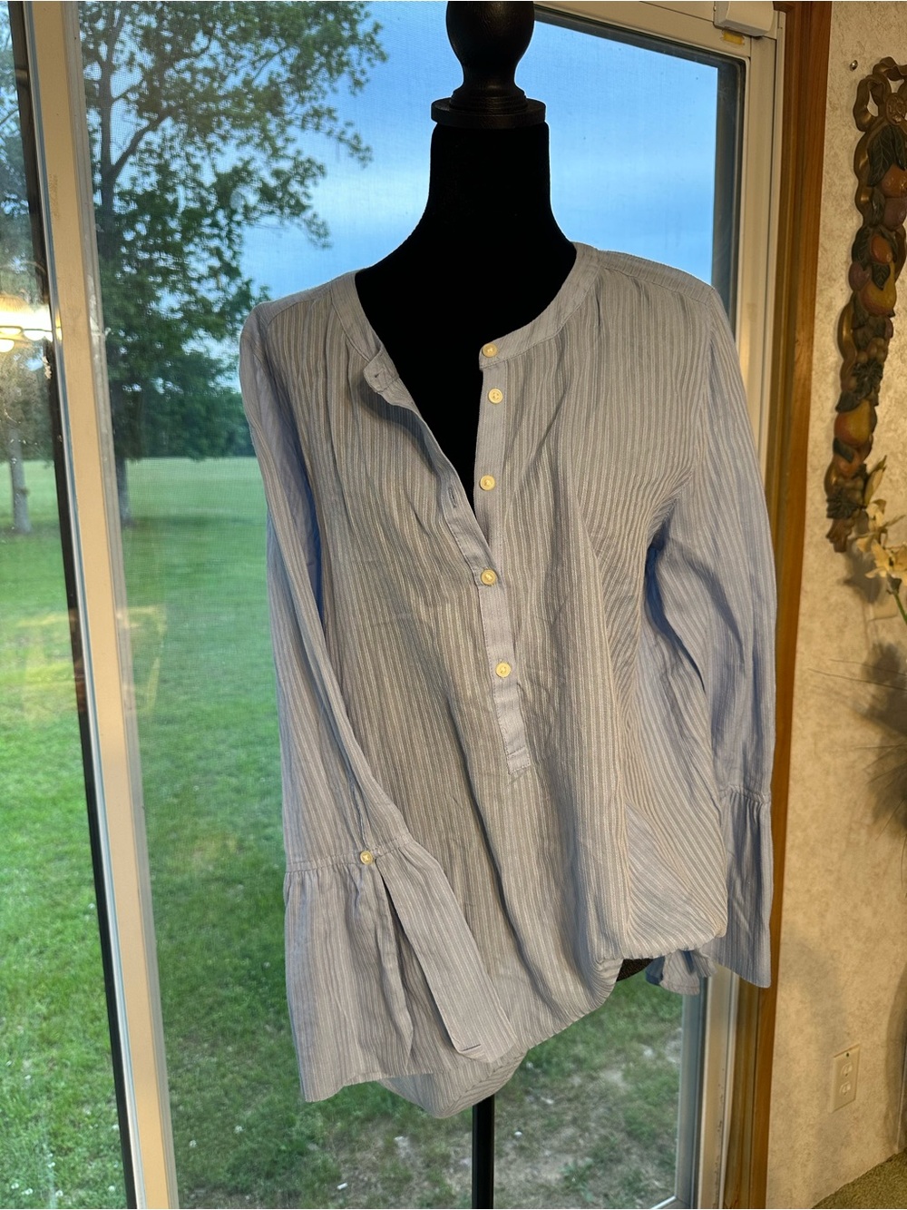 LOFT Light Blue Striped Henley Button Blouse